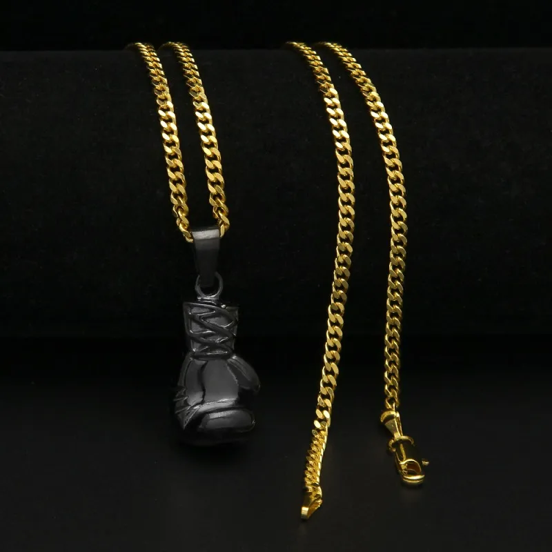 Collana Hip Hop da uomo Gioielli Collane con ciondolo guantoni da boxe neri in acciaio inossidabile con catena cubana in oro da 3 mm 60 cm207v