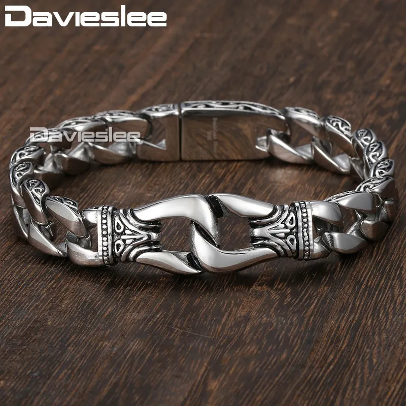 Davieslee Męskie łańcuch bransoletki 316L stal nierdzewna bransoletki punkowe dla mężczyzn zakrzywione srebrne łańcuchy krawężnika kubańskie 15 mm LHB10 J12934734