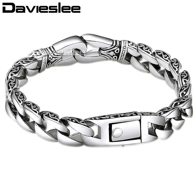 Davieslee Męskie łańcuch bransoletki 316L stal nierdzewna bransoletki punkowe dla mężczyzn zakrzywione srebrne łańcuchy krawężnika kubańskie 15 mm LHB10 J12934734