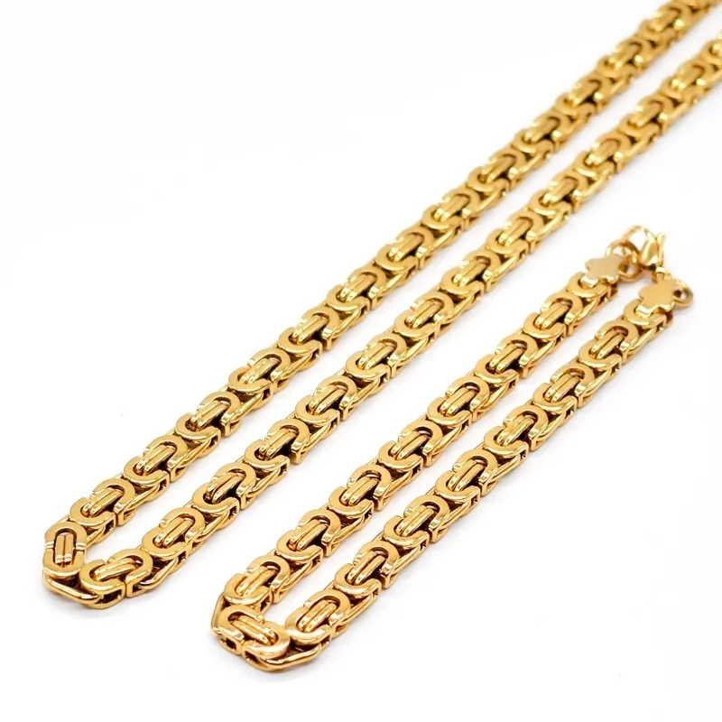 6MM width Mens Gold Color Chain Stainless Steel Necklace Bracelet set Flat Byzantine fashion jewelry228j