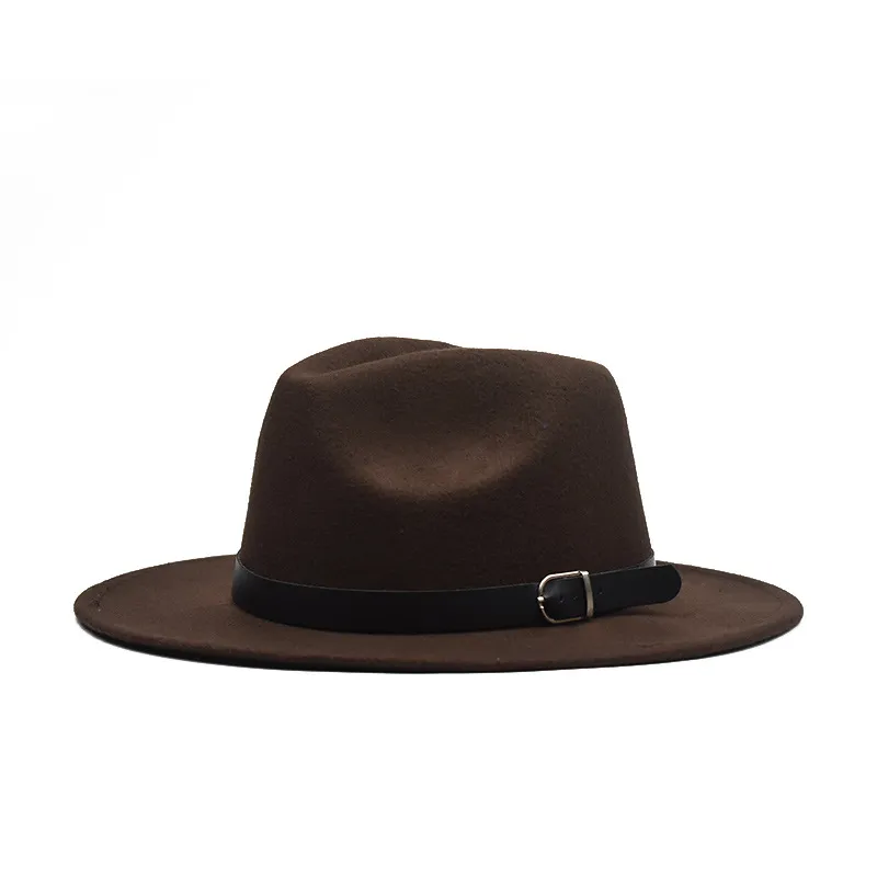 Autumn Winter Flat Brim Wool Feel Fedora Hats z klamrą Jazz Formal Hat Panama Cap Hat Men Men Women Brim Fel Felt Hat221z