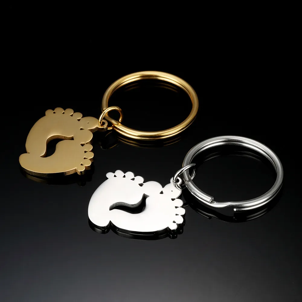 Steel Gold Stainless Steel Baby Foot Key Chain Blank For Engrave Metal Baby Feet Keychain Mirror Polished Whole 268C