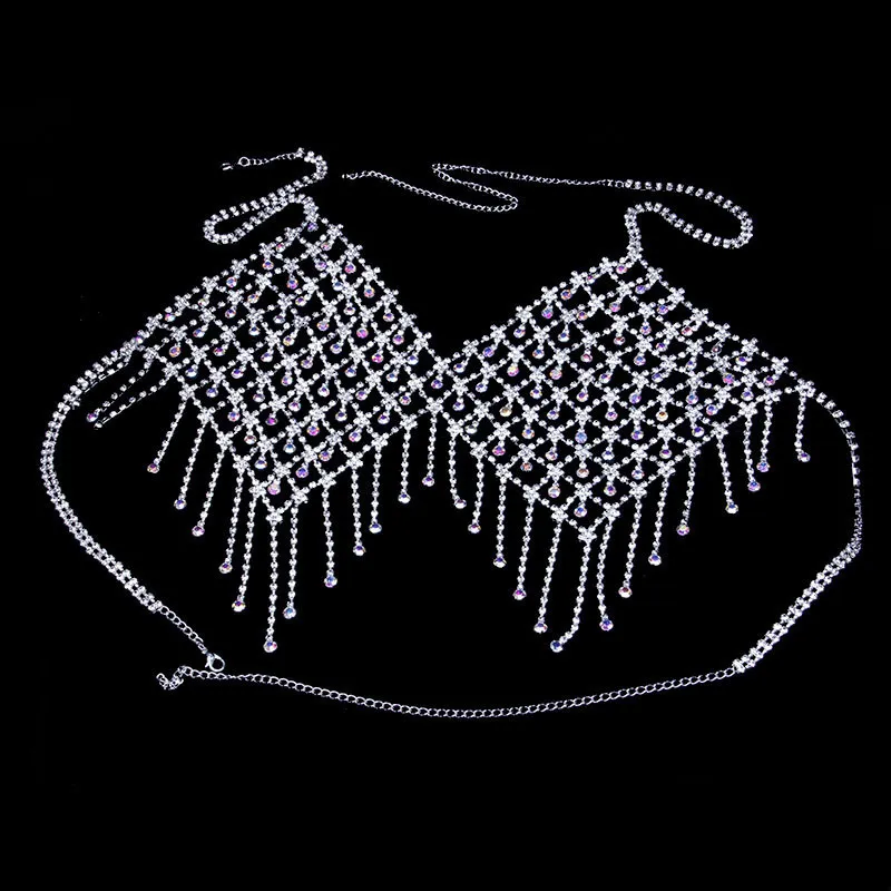 Stonefans Färgglada kristallkodkedjan Sexig underkläderuppsättning för kvinnor Tassel Rhinestone BH och Thong Bikini Swimsuit Set T205712082