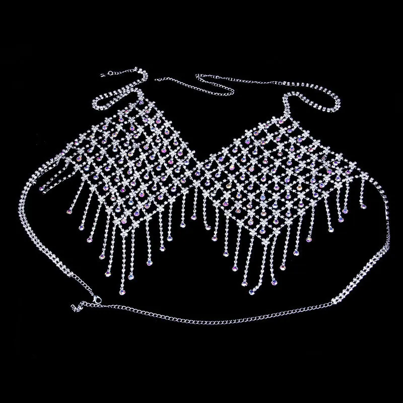 Stonefans kolorowy kryształowy łańcuch ciała Jewlery seksowny zestaw bielizny dla kobiet Tassel Rhinestone Bra i stringi stroju kąpielowego zestawu stroju kostiumu T2064887700