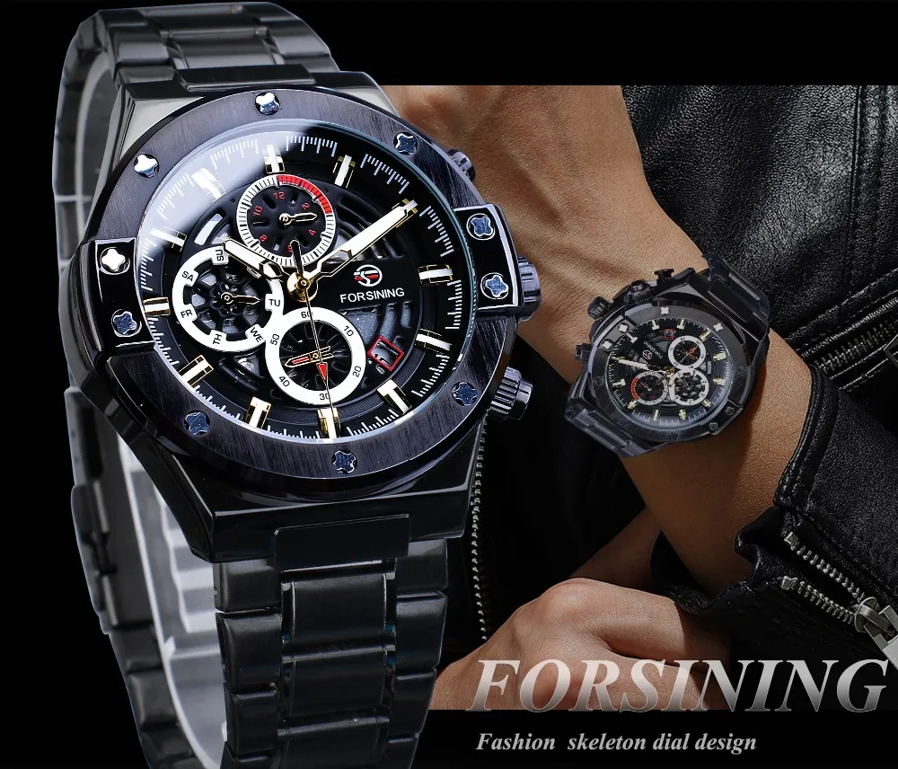 Forsining Racing hommes montre mécanique automatique étudiants jeu course calendrier mâle lueur mains noir acier inoxydable ceinture Mans Clock3569