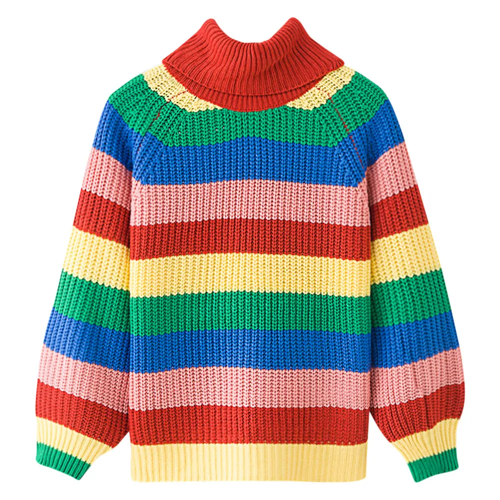 Regenbogen Bunte Streifen Druck Frauen Casual Pullover Herbst Mode Rollkragen Strickwaren Lose Pullover Jumper Pull Femme S19802