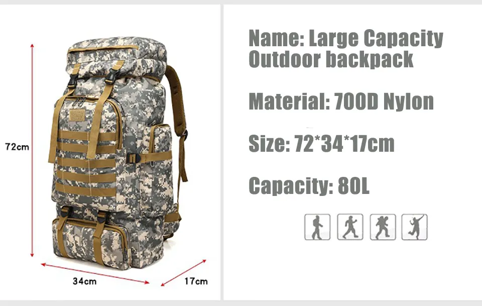 80L 방수 등반 하이킹 군용 전술 배낭 가방 캠핑 옥외 스포츠 molle 3p bag286r