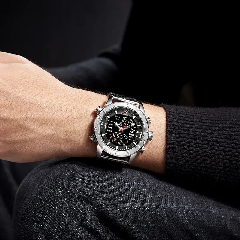 NAVIFORCE marque de luxe hommes montre à Quartz pour mode décontractée hommes en acier inoxydable étanche Sport montres LED analogique numérique Clock291q