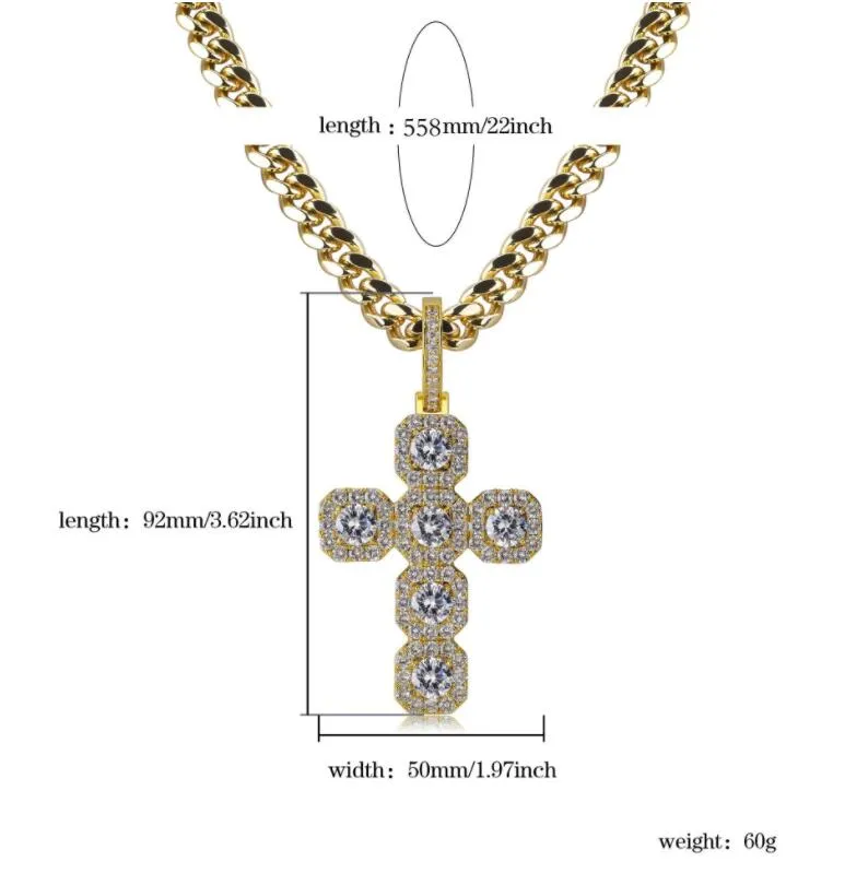 Nouveau zircon 92mm de haut et très grande croix solide pendentif rétro hip hop gros bouton collier Jewelry264u