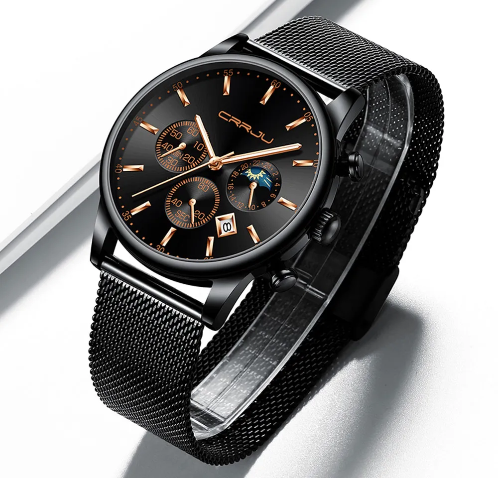 Reloj hombre CRRJU Top marque de luxe hommes montres étanche affaires Date fenêtre montre-bracelet mâle maille bracelet décontracté Quartz Clock194N