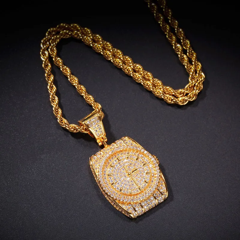 Fashion-R Dial Pendant Halsband Mens Hip Hop Halsband smycken Ny modeklocka hänge halsband med guld kubansk kedja249k