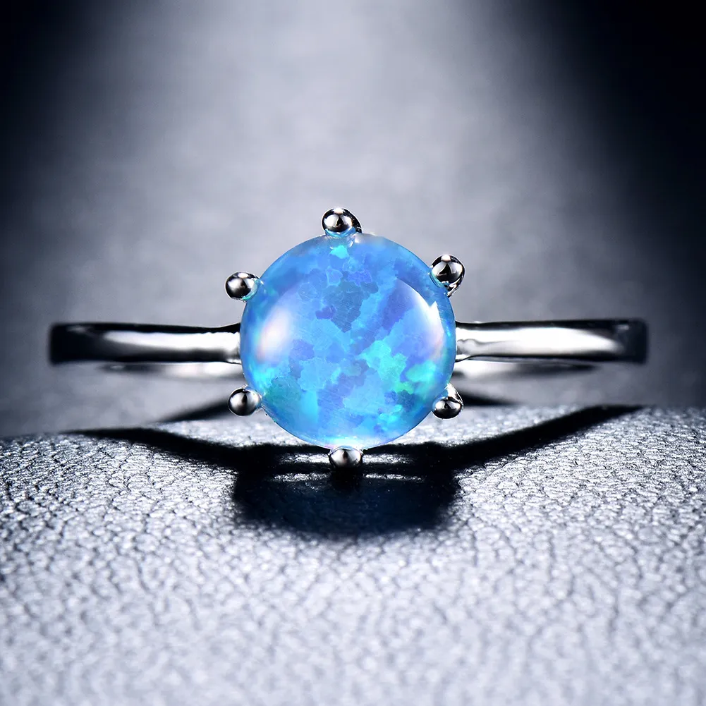 Luckyshine Royal Style Round Blue Fire Opal Gemstone 925 Silver Women Wedding Rings Family Friend Holiday Gift Rings222I