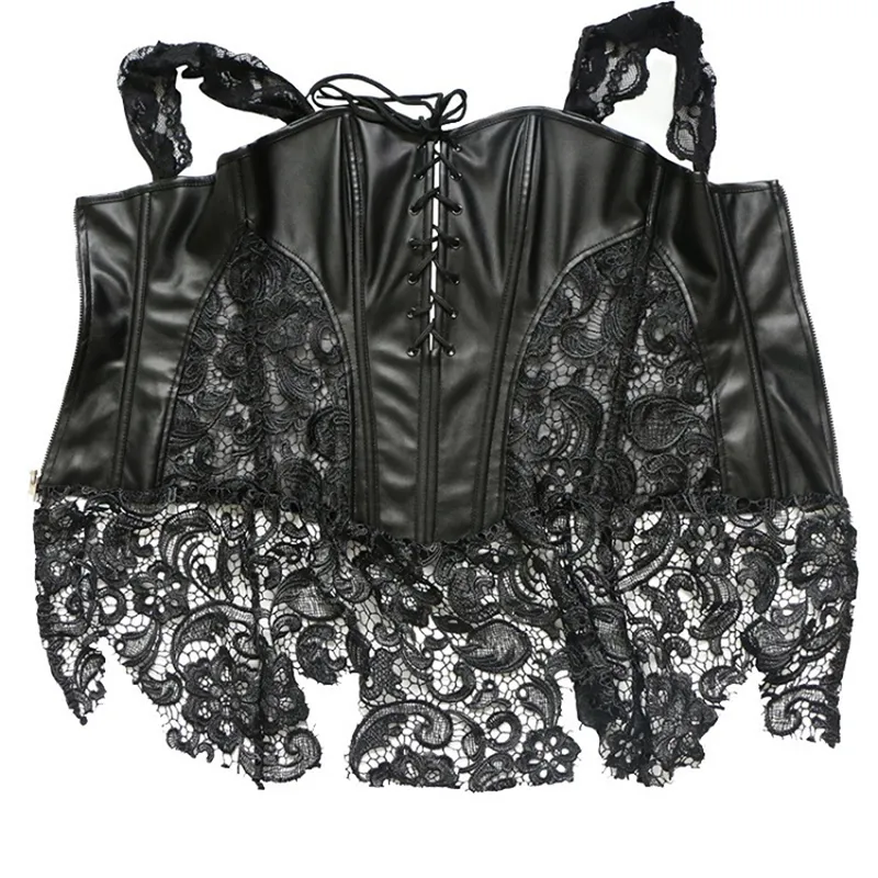 Sexy-Lingerie-Women-Black-Faux-Leather-Lace-Burlesque-Steampunk-Corset-Dress-Waist-Gothic-Bustier-Corpet