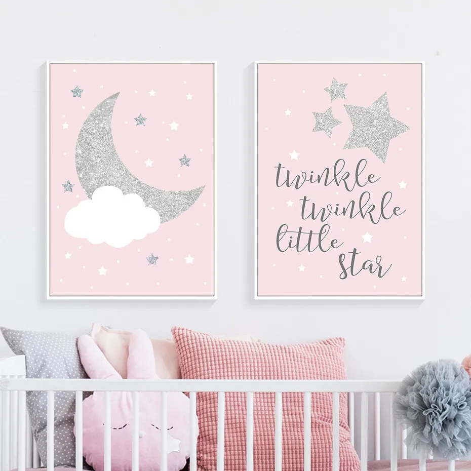 Toile d'art rose doux avec étoiles et lune, peinture murale, affiches et imprimés pour chambre de bébé fille, décoration de la maison, 4852760
