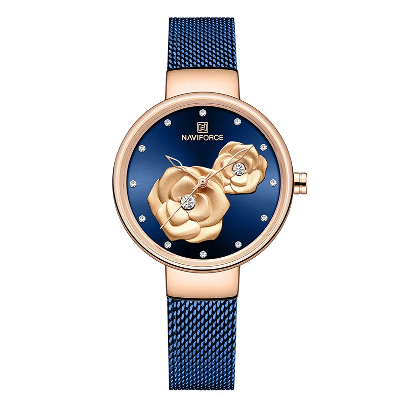 Relógio feminino naviforce topo marca de luxo malha aço à prova dwaterproof água senhoras relógios flor quartzo feminino relógio pulso encantador menina clock268l