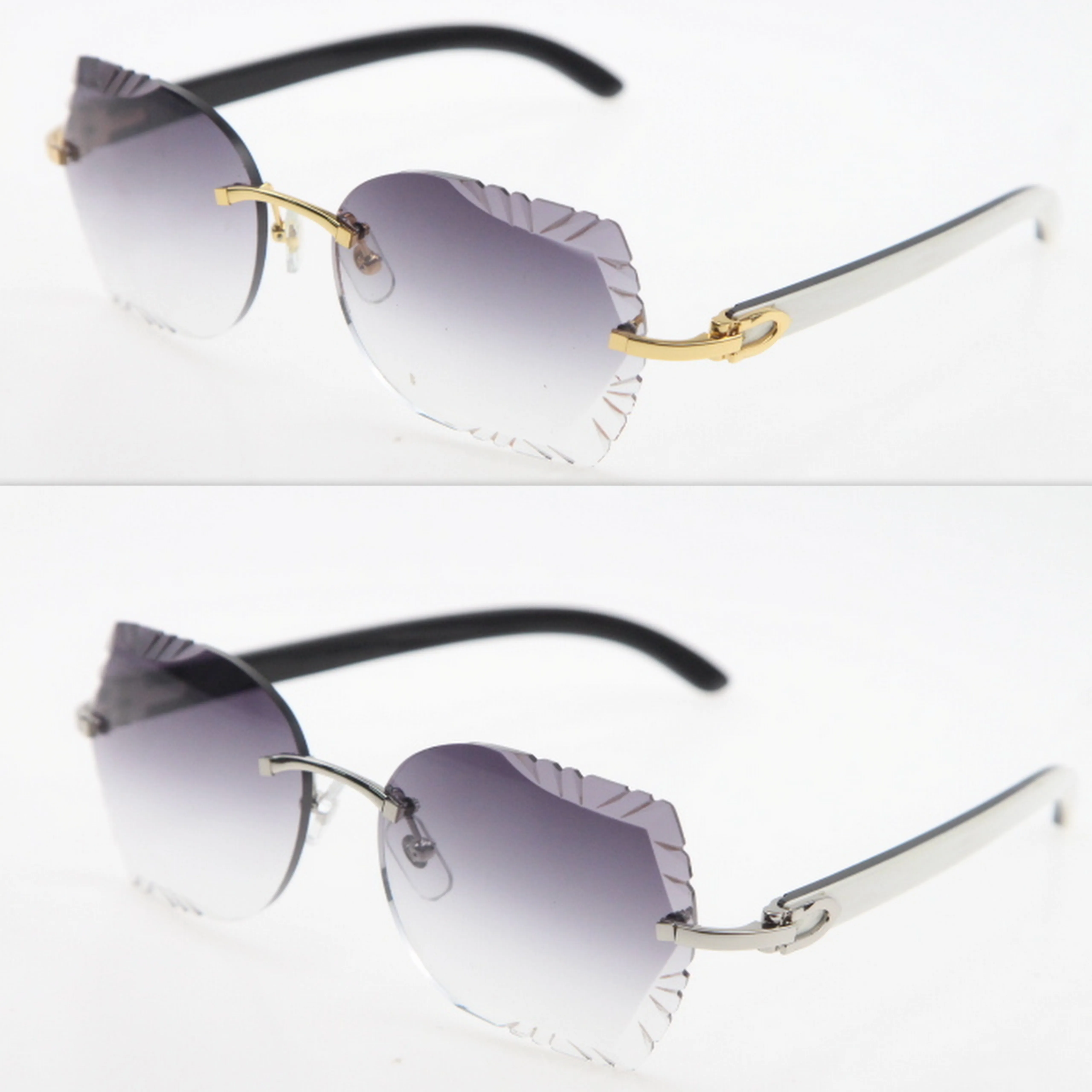 Popular Carved mirror lens Rimless Sunglasses Original White Mix Black Buffalo Horn Glasses Gold Blue Red fashion Fashion Accessor246S