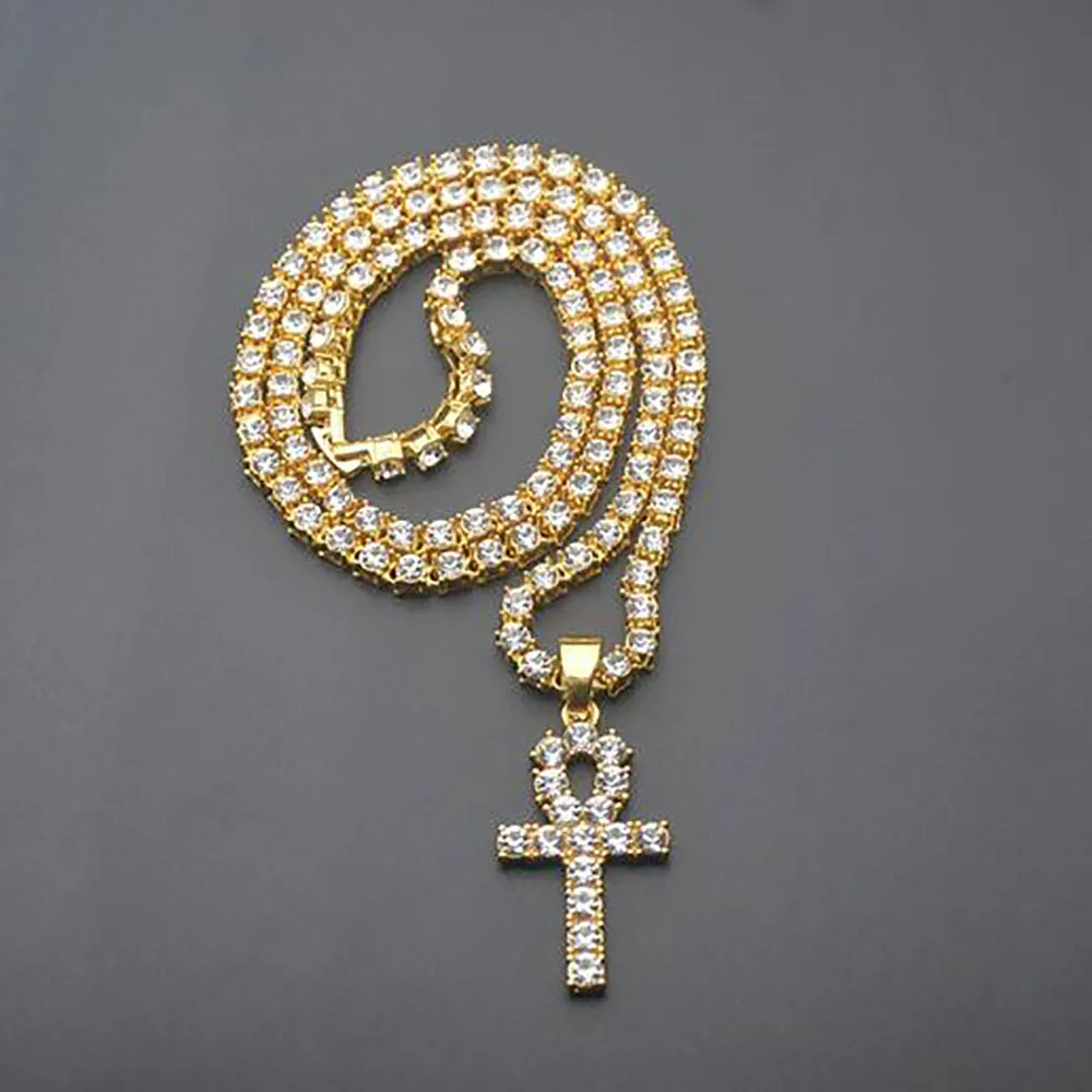 Mens Iced Out Egyptian Ankh Key Pendant Necklace 18K Gold Plated Hip Hop Rhinestones Crystal Tennis Chain Hip Hop Jewelry Necklace309I