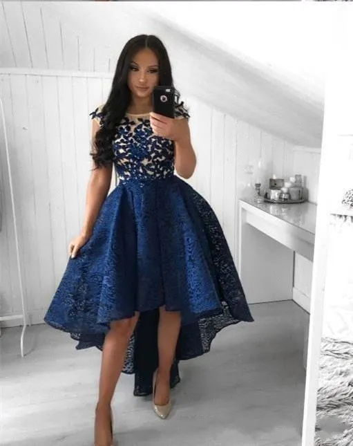 2019 novo azul marinho vestidos de cocktail uma linha tripulação pescoço renda alta baixa vestido de baile curto festa árabe vestidos de noite vestidos247k