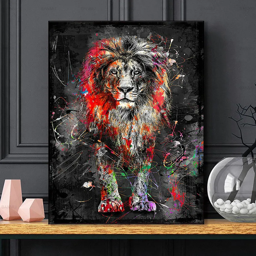 フレームレスカラフルなライオン動物抽象絵画ホームアートワークポスターキャンバス絵画ホームデコー2129814のためのモダンウォールアート画像