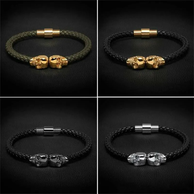Цельно-мужской черный плетеный кожаный браслет из нержавеющей стали, мужской стальной браслет для женщин, золотой череп, женский и мужской браслет, браслеты с подвесками284J