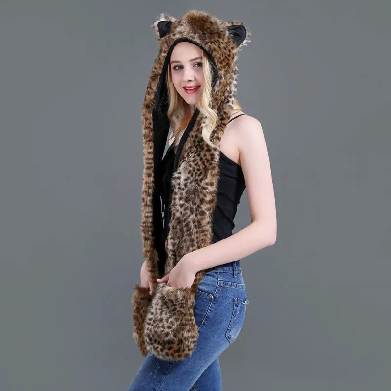 3 In 1 Women Men y Plush Animal Wolf Leopard Hood Scarf Hat with Paws Mittens Gloves Thicken Winter Warm Earflap Bomber Cap 2102033105304