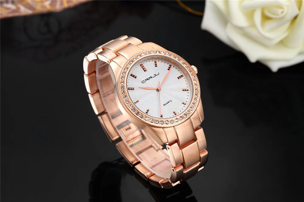 Berühmte Marke Neue CRRJU Uhren Frauen Damen Kristall Diamant Quarz-uhr Luxus Gold Handgelenk Uhren Für Frauen Uhren Mujer268S