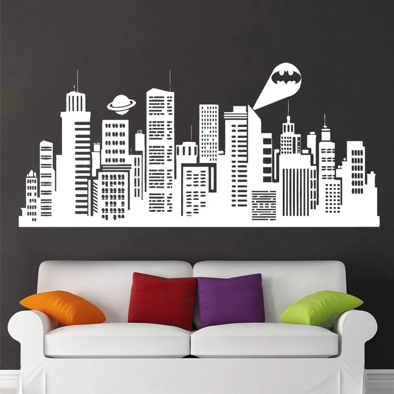 Tamanho grande 132x41 cm Batman Gotham City Decalque de parede em quadrinhos Adesivo de vinil para quarto infantil Decoração de arte para casa 224K