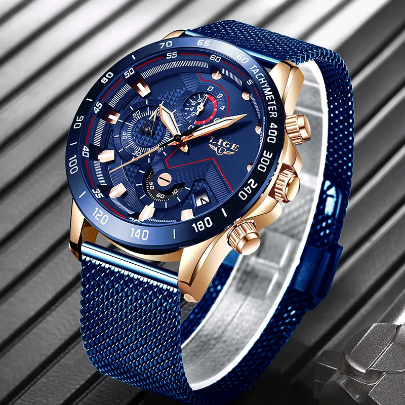 2019 Lige New Mens Casual Watch for Men Date Quartz Wrist Watches Sport Chronograph Fashion Blue Mesh Belt Watch Watch Hombre323t