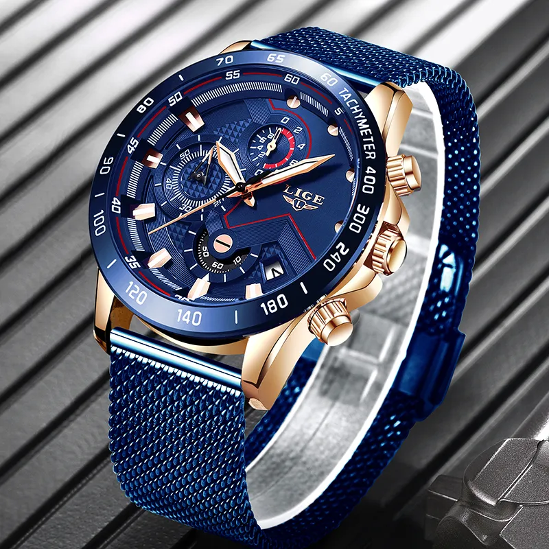 2019 LIGE NOWOŚĆ MENS Casual Watch for Men Date Kwarc Watches Sport Chronograph Fashion Blue Mesh Pas Watch Relojes Hombre313s
