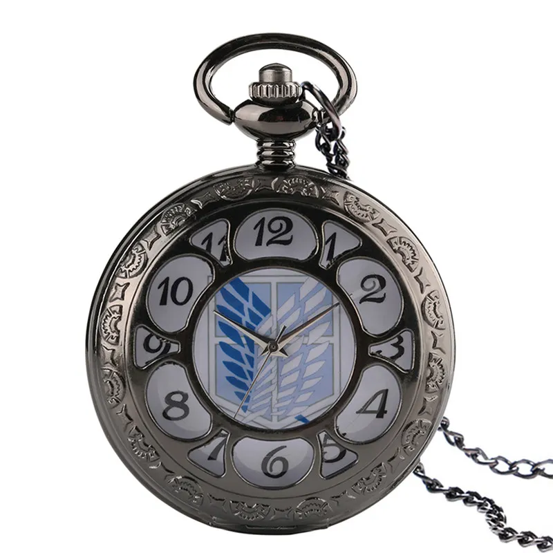 Antique classique noir attaque sur Titan montre de poche Vintage Quartz analogique montres militaires avec collier chaîne cadeau reloj de bolsil311x