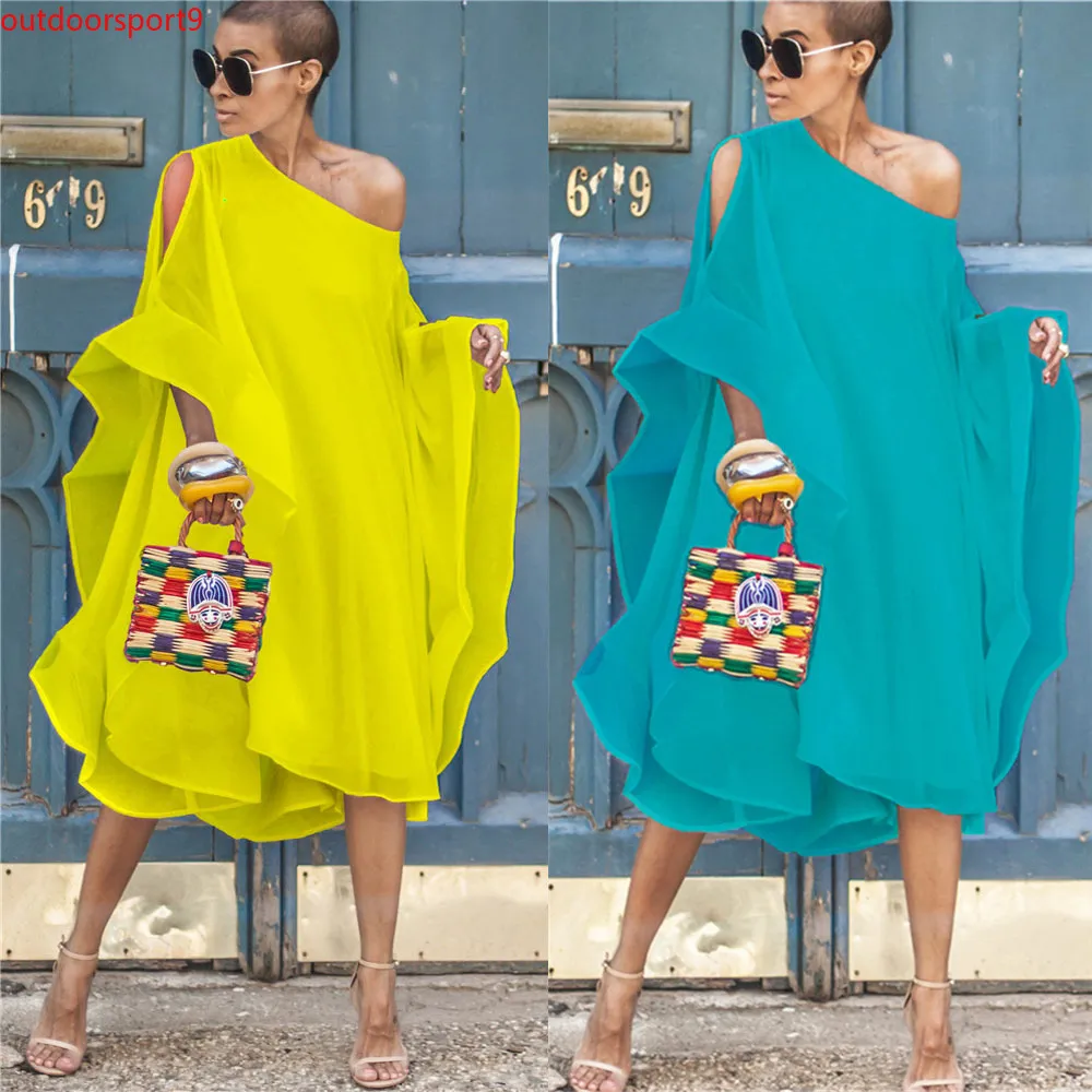 Chiffon Summer Dress Latest Design Plain Chiffon Dress for Beach Whole Party Dress One Shoulder Turkish Women Outdoor Clothes2050