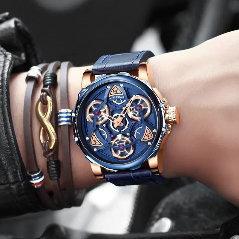 MINI FOCUS Мужские часы Лучший бренд класса люкс в спортивном стиле Дизайн Кварцевые часы Мужские синие кожаные ремешки 30 м Водонепроницаемый Relogio Masculino T211P