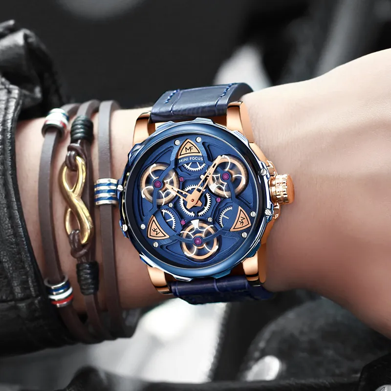 MINI FOCUS HOMMES MONTRES TOP BRAND Brand Luxury Sport Style Design Quartz Watch Men Blue Le cuir Bleu