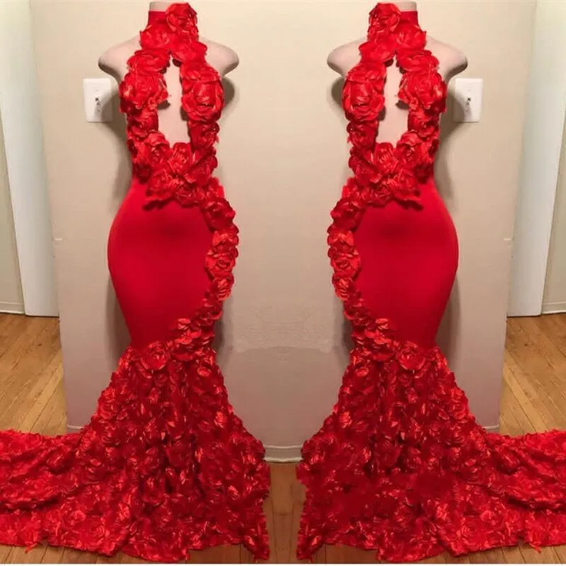 Red Rose Mermaid Dresses New Sexy High Neck Defliques رسمية سهرة فساتين المسح القطار كوكتيل حفلات الحفلات S239A