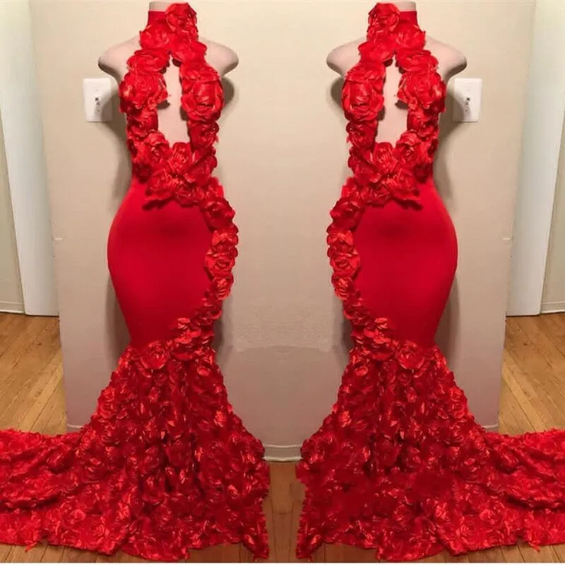 Red Rose Mermaid Prom Dresses New Sexy High Neck Appliques Formal Evening Dresses Sweep Train Cocktail Party Gowns S244H