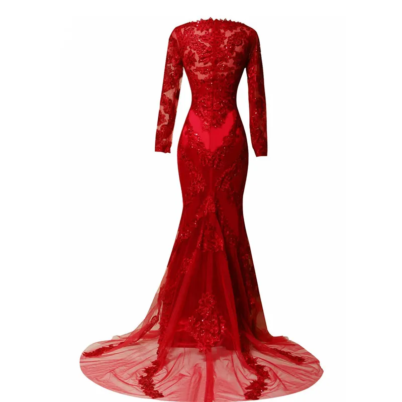 Emerald Red Lace Long Evening Dress Long Sleeves Beads Sweep Train Women Sexy Sequins Formal Pageant Gown For Prom Party219P