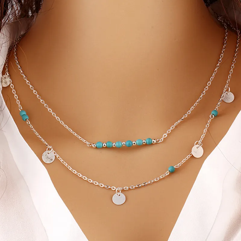 Vrouwen Boheemse etnische stijl turquoise kralen hangdoek ketting sleutelbeen ketting pailletten dubbele laag ketting mode sieraden