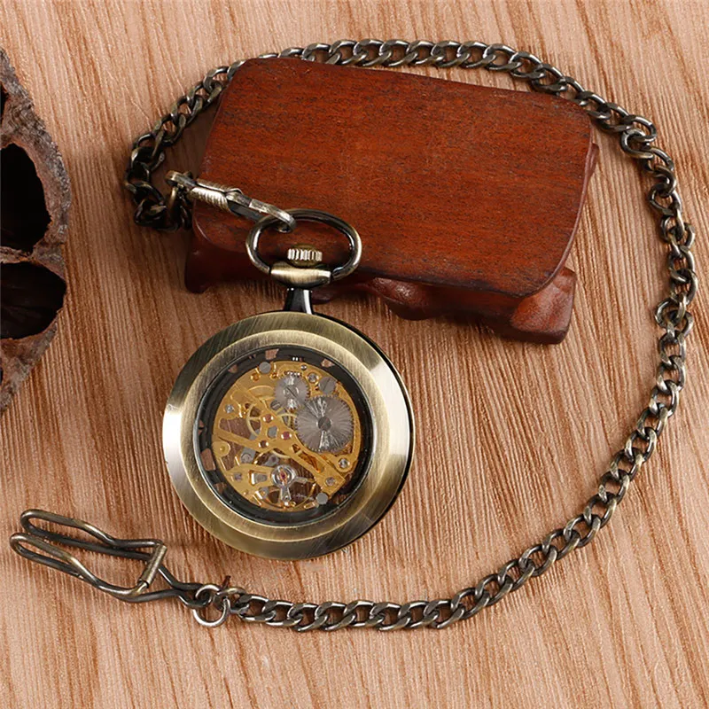 Klassische Bronze Schwarz Mechanische Handaufzug Taschenuhr Männer Frauen Anhänger Antike Uhr mit FOB Kette Geschenk montre de poche218i