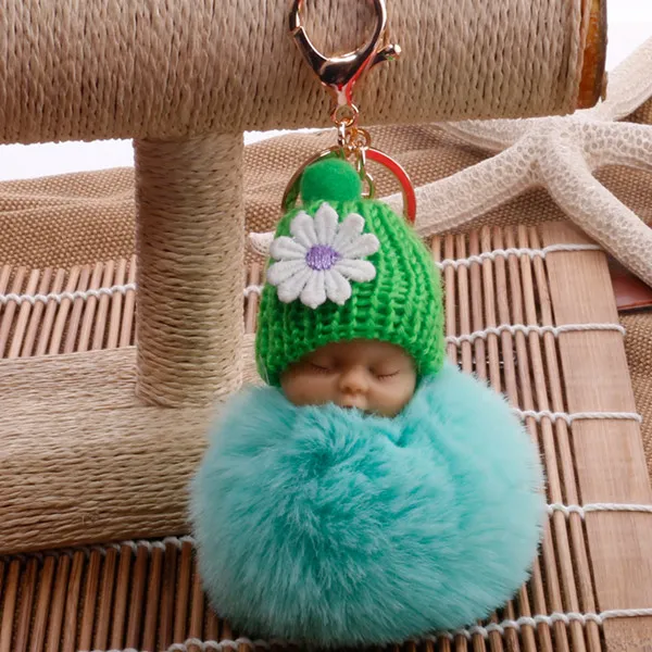 winter Cute Fluffy Pompom Sleeping Baby Doll Keychains Soft Faux Fur Ball Pendant Key Chain Car Keyring Cellphone Charm241J