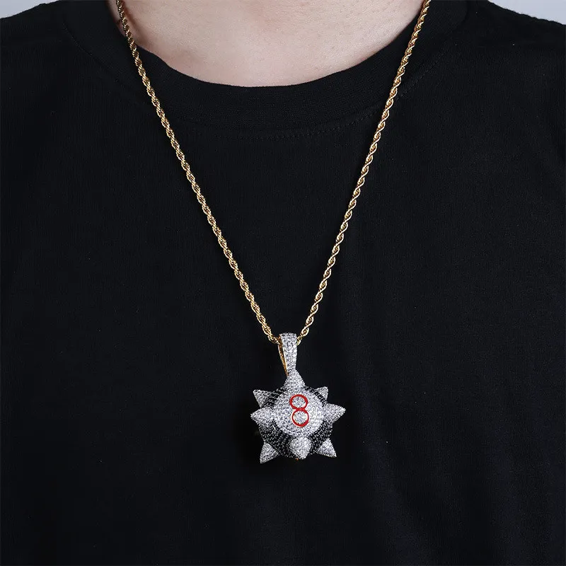 Iced Out Trippieredd Inspired Spike 8-Ball Biljard Pendant Necklace With Rope Chin Tennis Chain Hip Hop Jewelry2276