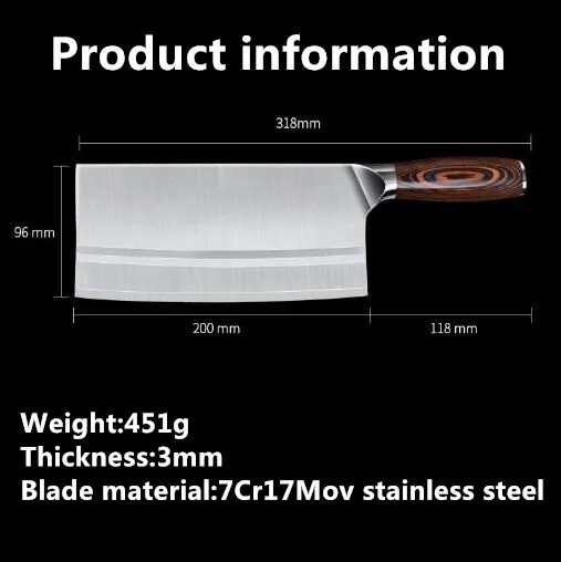 8inch Stainless Steel Meat Cleaver Chinese Chef LNIFE Butcher Chopper Vegetable Cutter Kitchen LNIFE with Color Wood Handle2948