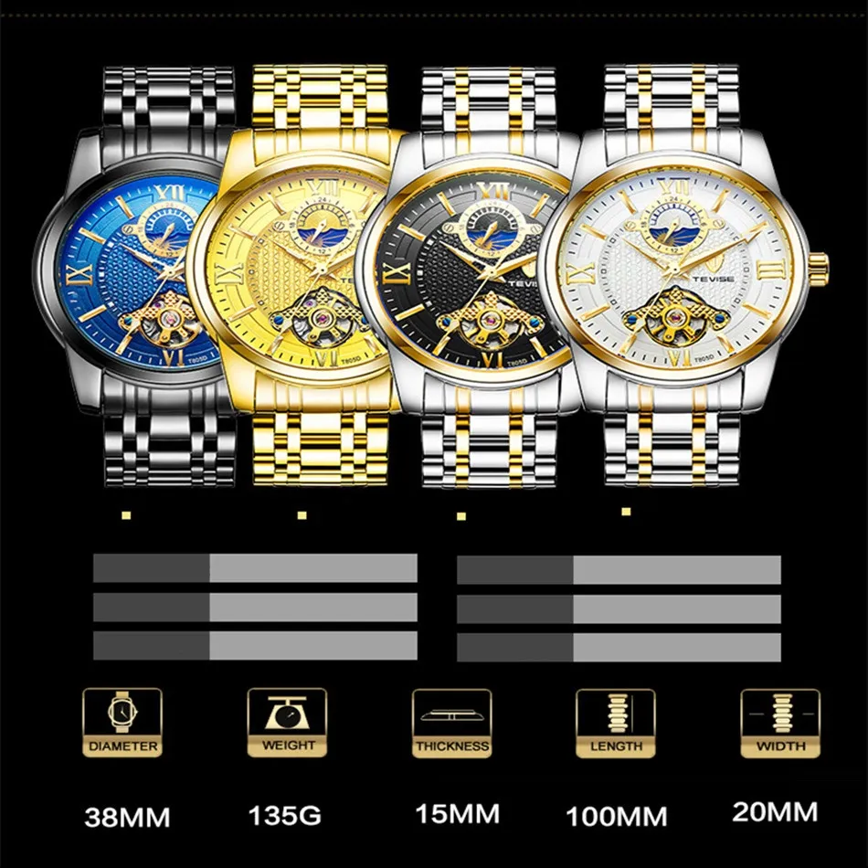 TEVISE Fashion Mens Watch Luxury Business Men Watches Tourbillon Design Stainless Steel Strap Automatic Wrist Watches253S