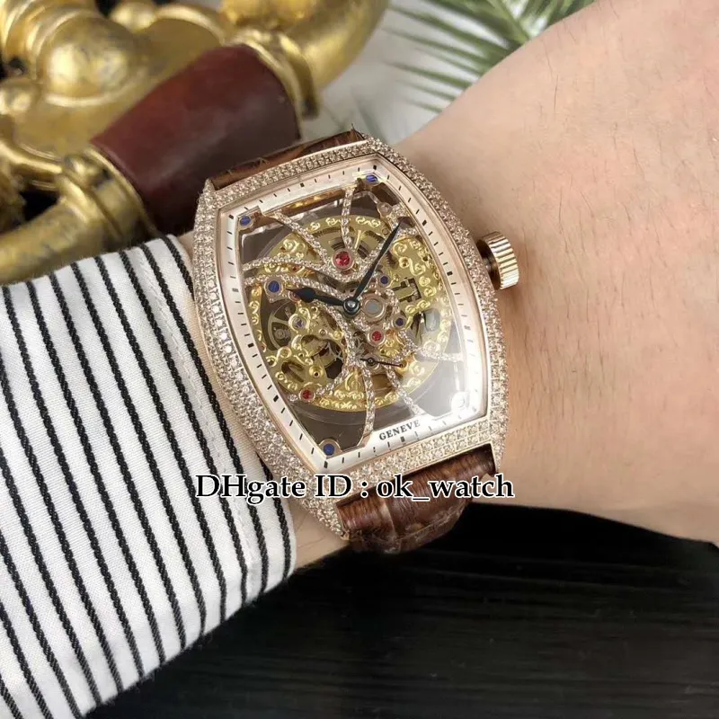 Högkvalitativ 8880 B S6 SQT D Herrkollektion Diamond Bezel Skeleton Dial Tourbillon Automatic Mens Watch Rose Gold Case Leat270r