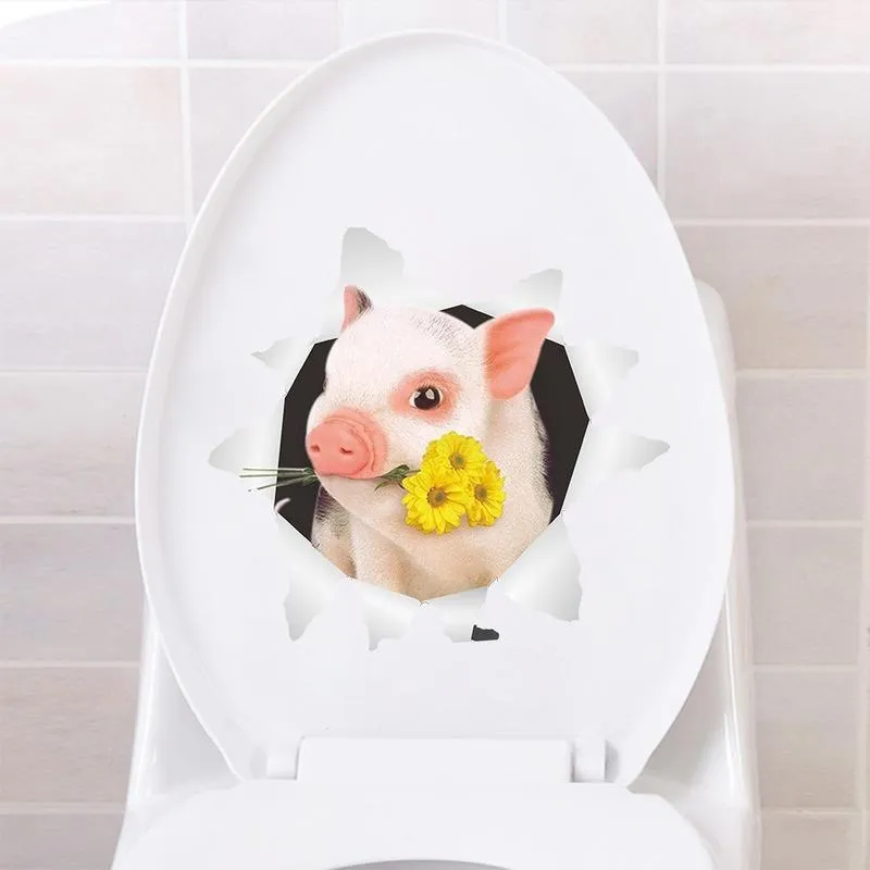 3d Carton en trois dimensions autocollants de porc mignons cr￩atifs de toilette de salle de bain autocollants PVC amovibles