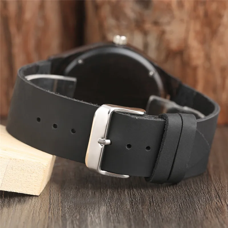 Relógio de pulso de madeira de ébano masculino preto completo exclusivo presentes de luxo luz bambu analógico quartzo pulseira de couro reloj de madera330c