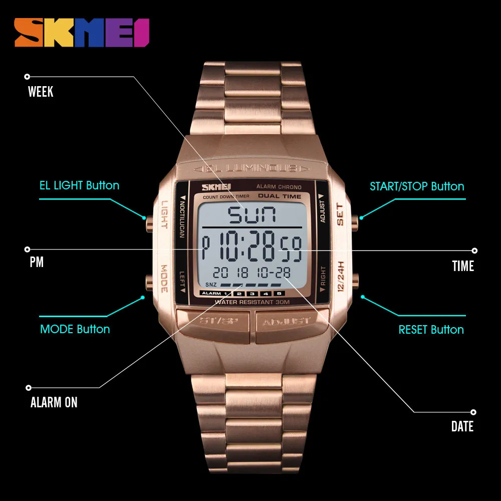 Skmei Sports Watch Men Digital Watch目覚まし時計カウントダウンウォッチ大型ダイヤルガラスミラークロックファッションアウトドアRelogio Masculino220r