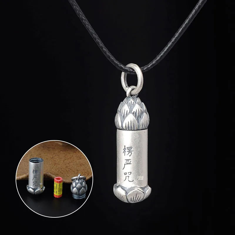 990 Pure Sterling Silver Shurangama Mantra Buddha Tube Locket Necklace Pendant Retro Buddhist Six Words Mantra Amulets Storage Ope247w