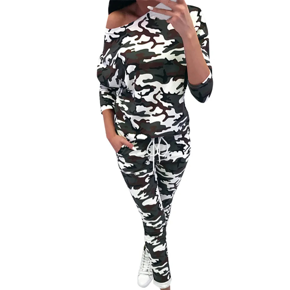 Fashion Women Tracksuit Long Sleeve Camouflage/Leopard Printed Set Lounge Wear Ladies Top Suit Pant Plus Size 5.2 T200630