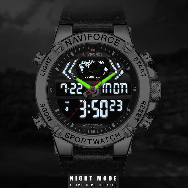 NAVIFORCE Top Brand Mens Orologi sportivi di moda da uomo in pelle impermeabile orologio da polso al quarzo militare analogico digitale Relogio Masculino242A