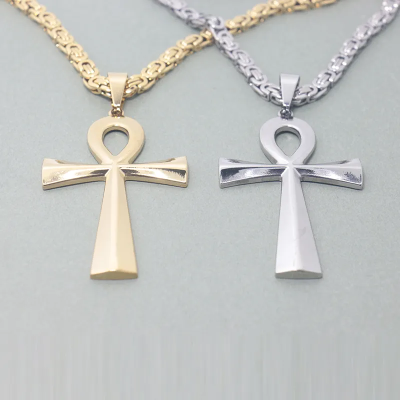 Religion Egyptian Ankh Crucifix Necklaces & Pendants Stainless Steel Symbol of Life Cross Necklace For Men Women Vintage Jewelry285A